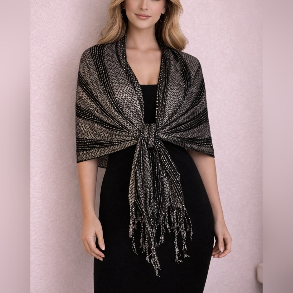 Vtg KENSIE Black Metallic Silver Disco Fringe Holiday Wrap Shawl